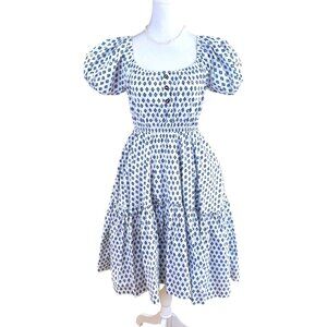 Caroline Constas Dress White Blue Bardot Flounce Puffy Sleeves Cotton (S)
